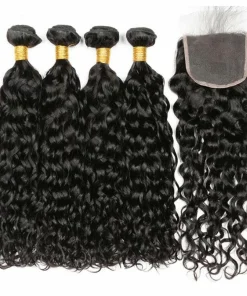 100% Remy Hair Water Wave Bundles with Lace Closure – 3 Bundles 100g Each