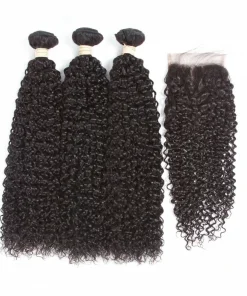 100% Remy Human Hair 3 Bundles with 4x4 Lace Closure – Kinky Curly, Natural Color