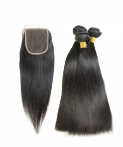 100% Remy Human Hair 3 Bundles with 4x4 Lace Closure – Silky Straight, Natural Color