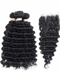 100% Remy Human Hair 3 Bundles with 4x4 Lace Closure – Deep Wave