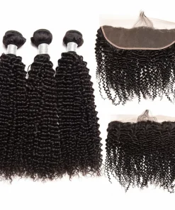 Brazilian Virgin Hair Kinky Curl 3 Bundles With Frontal
