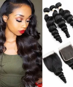 100% Remy Human Hair 3 Bundles with 4x4 Lace Closure – Loose Wave